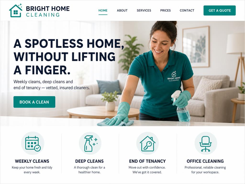 Demo website homepage for cleaners