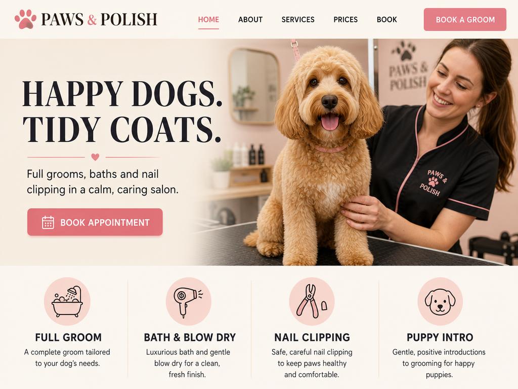 Demo website homepage for dog groomers