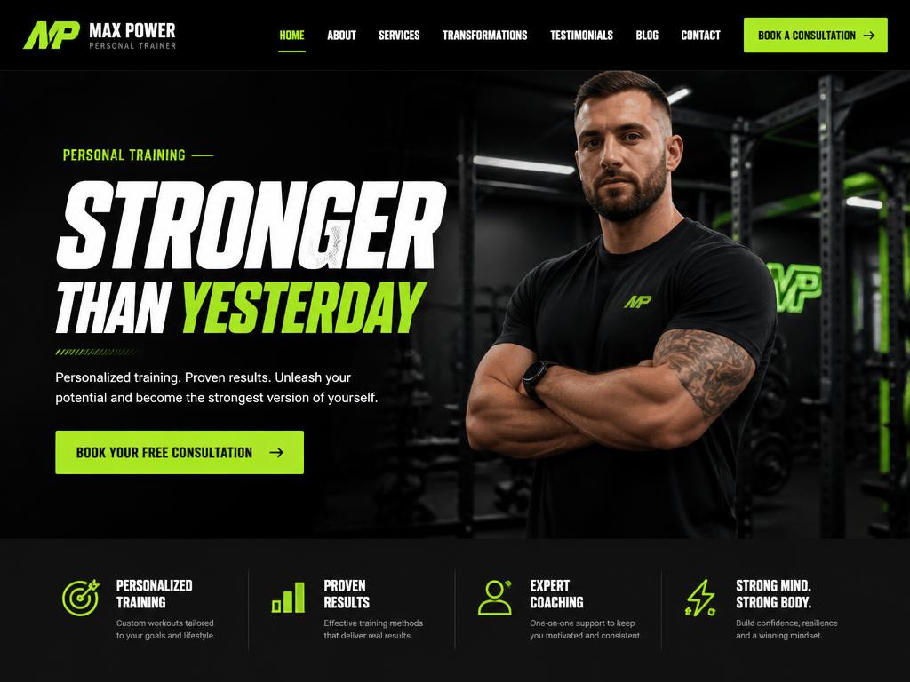 Example website homepage we built for a personal trainer